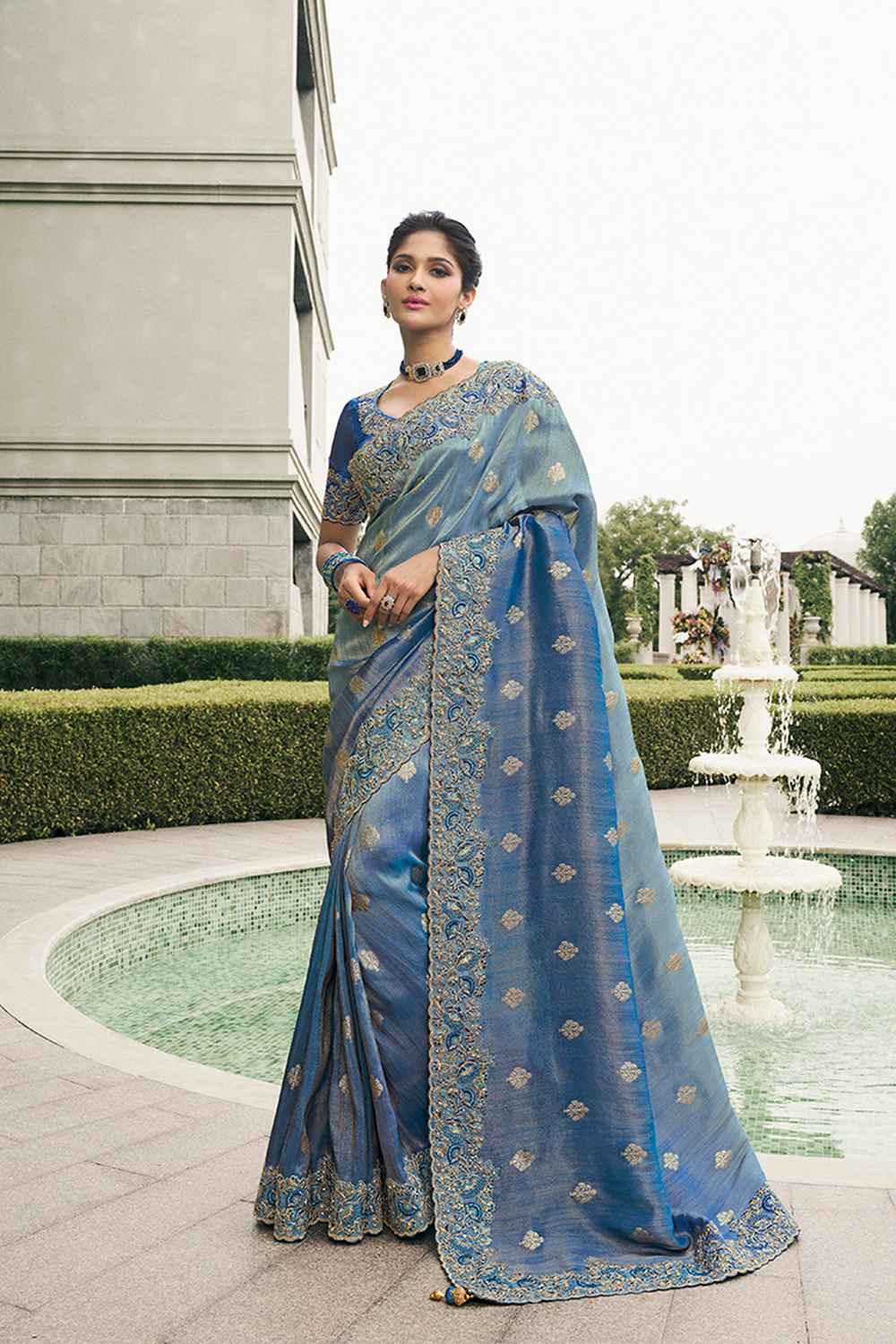 Blue Tissue Embroidered Saree