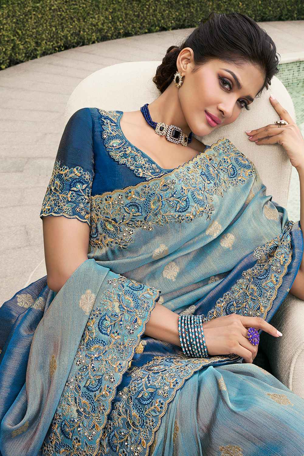 Blue Tissue Embroidered Saree