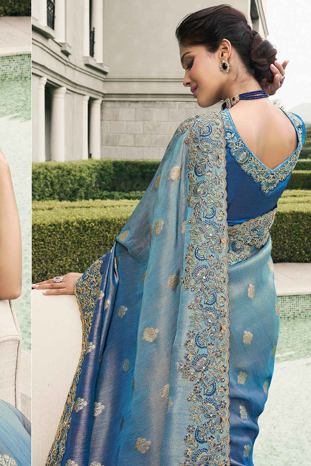 Blue Tissue Embroidered Saree