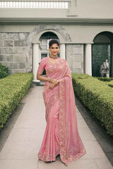 Pink Tissue Embroidered Saree