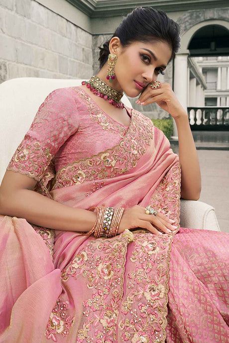 Pink Tissue Embroidered Saree