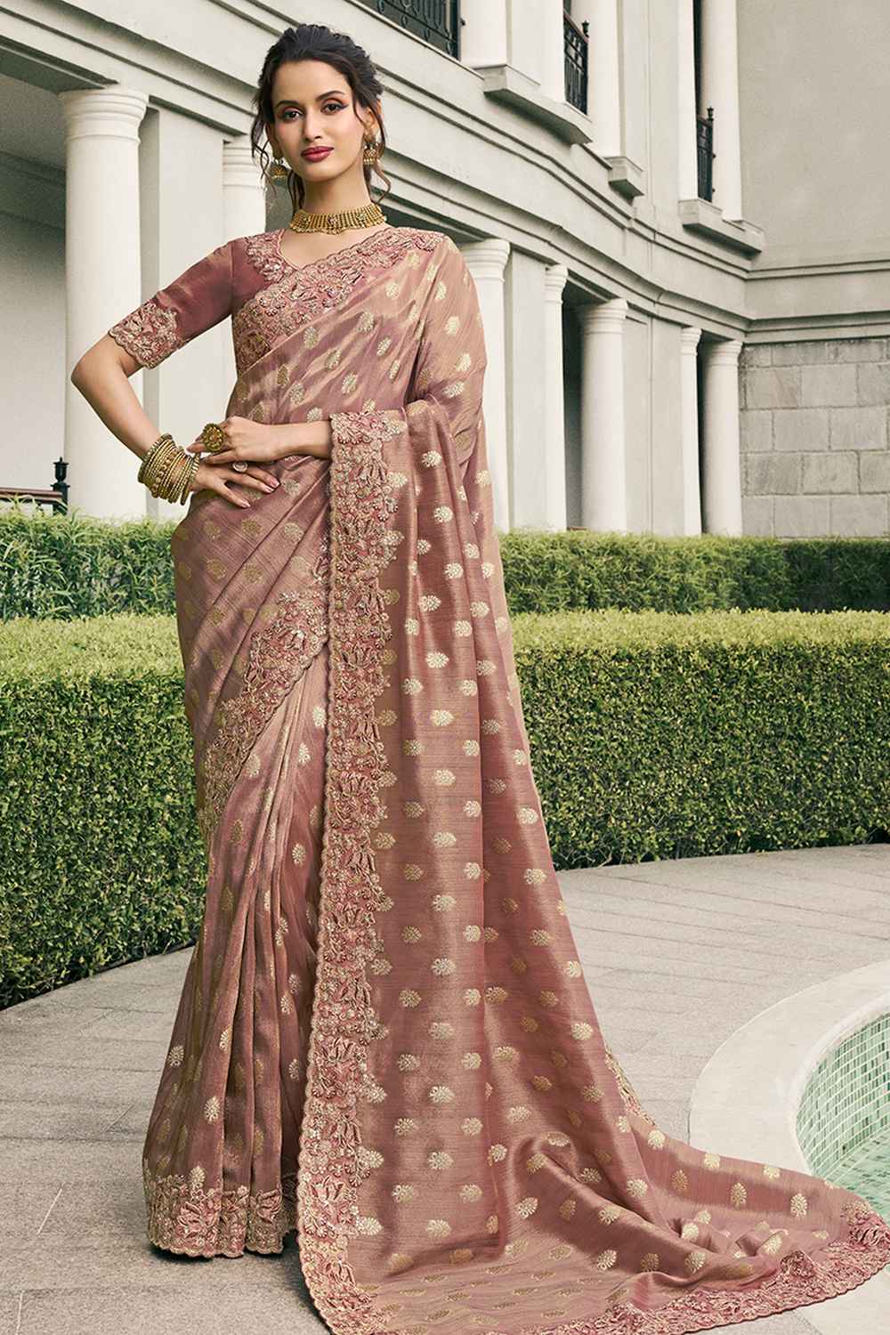 Brown Tissue Embroidered Saree