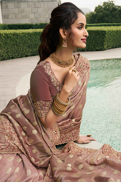 Brown Tissue Embroidered Saree