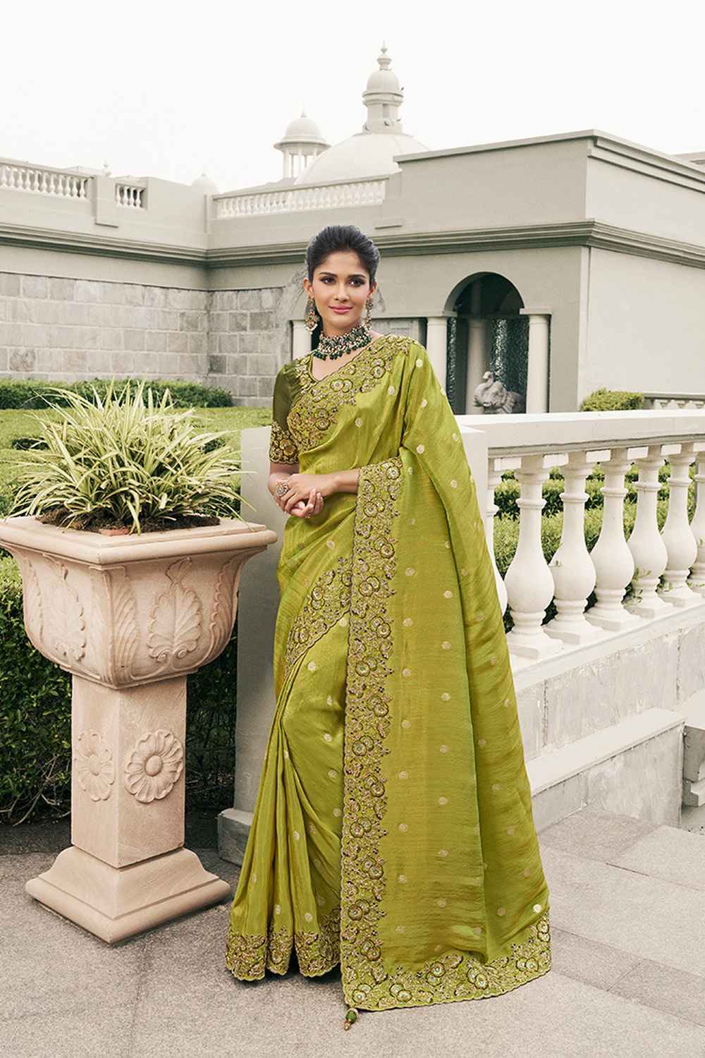 Olive Tissue Embroidered Saree