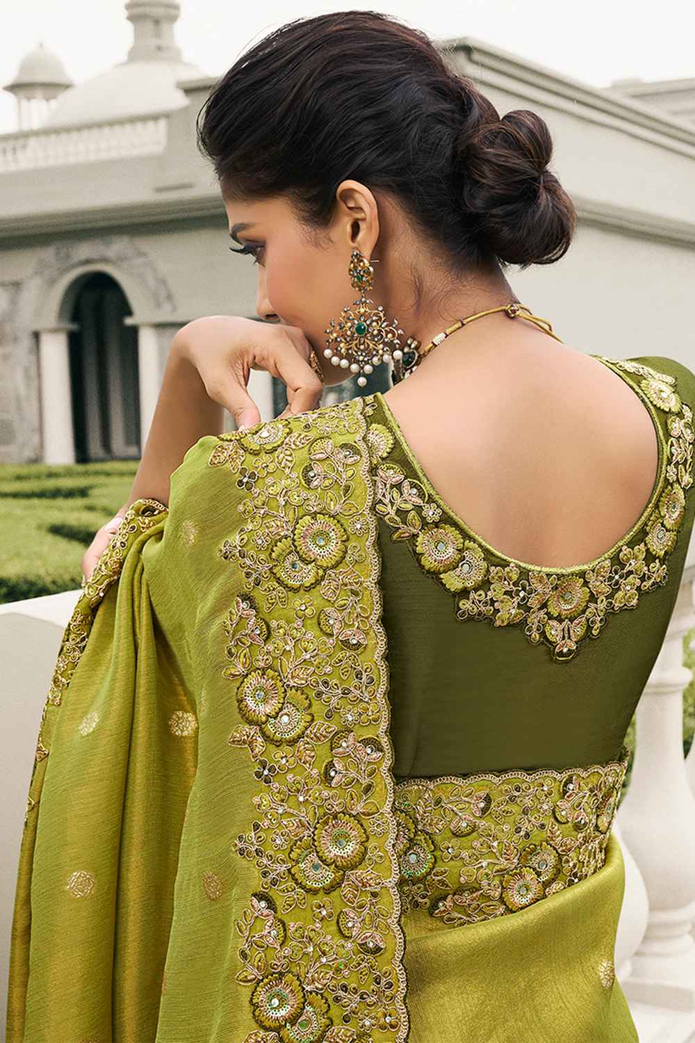 Olive Tissue Embroidered Saree