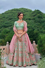 Turquoise Embroidered Silk Lehenga Set