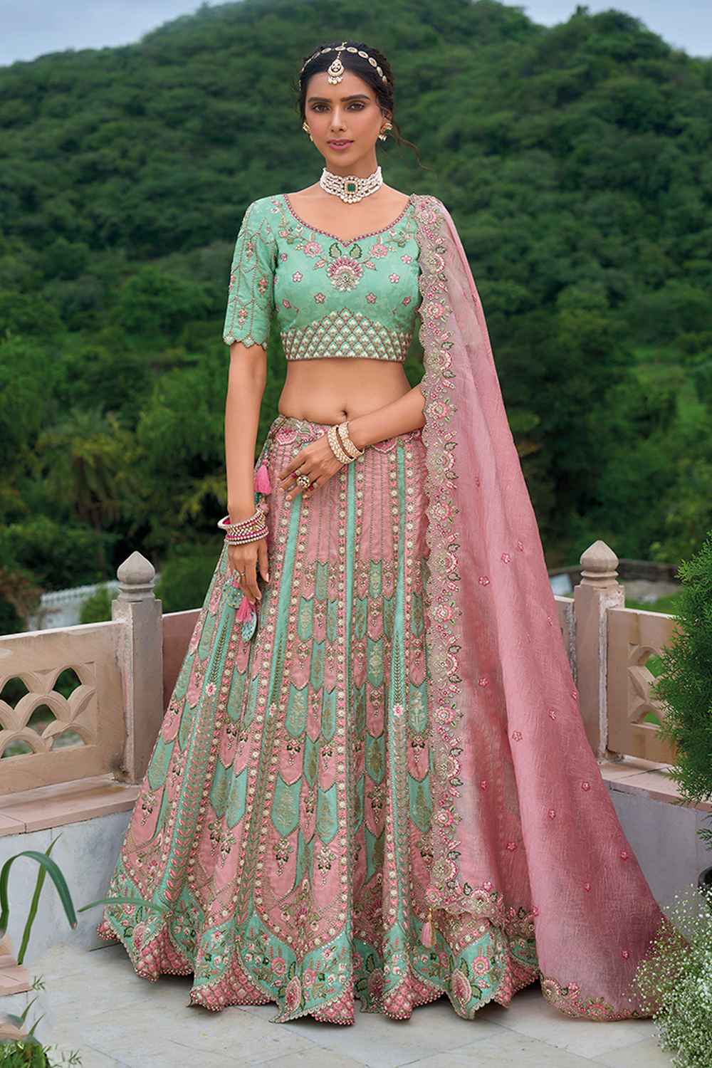 Turquoise Embroidered Silk Lehenga Set