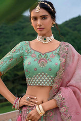 Turquoise Embroidered Silk Lehenga Set