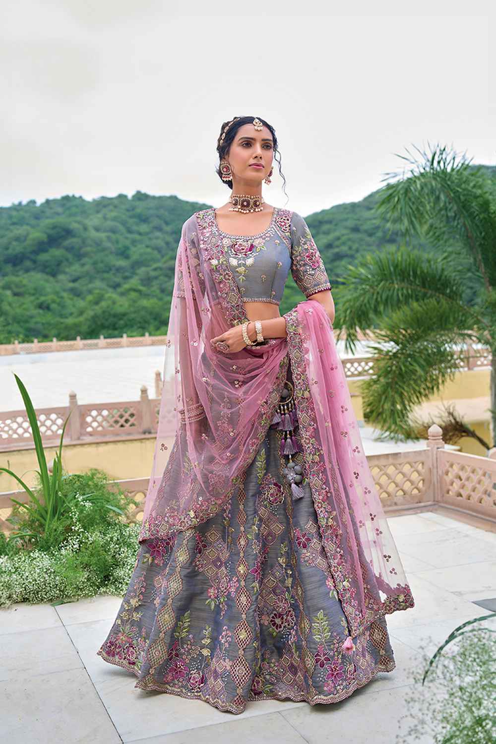 Grey Embroidered Silk Lehenga Set