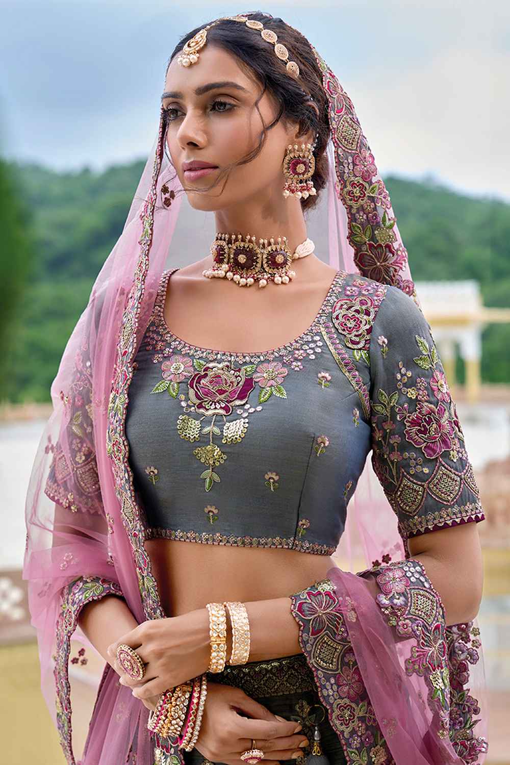 Grey Embroidered Silk Lehenga Set