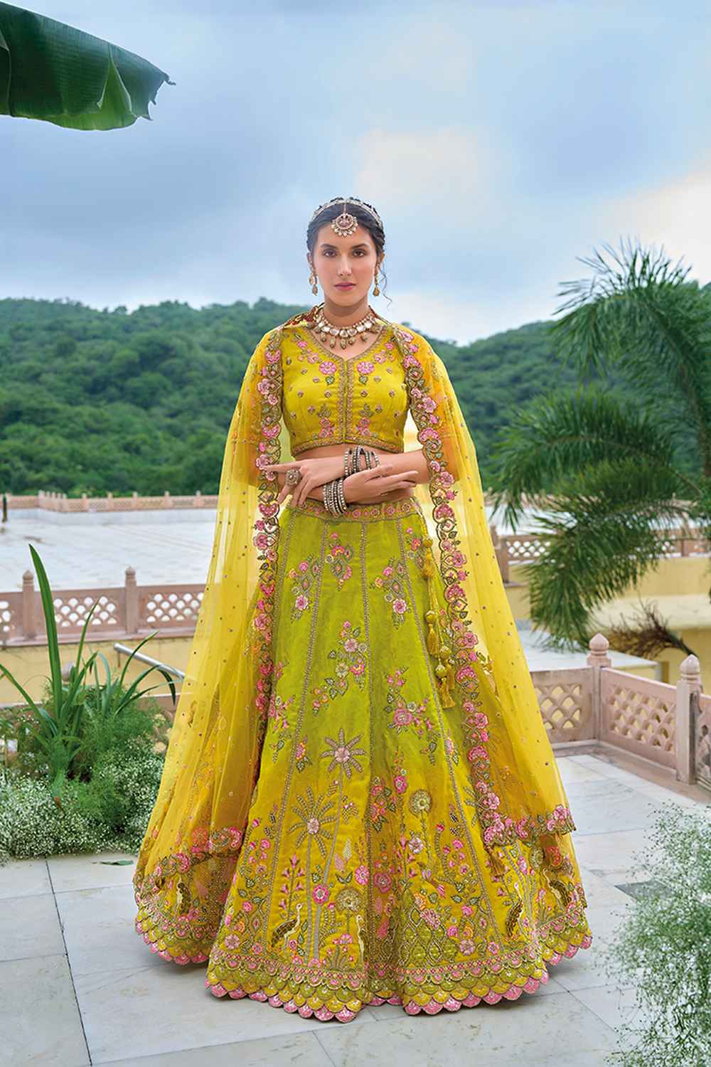 Green Embroidered Silk Lehenga Set