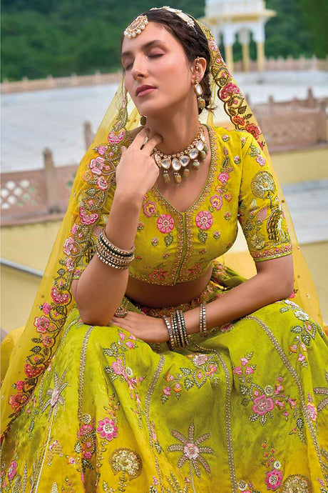 Green Embroidered Silk Lehenga Set