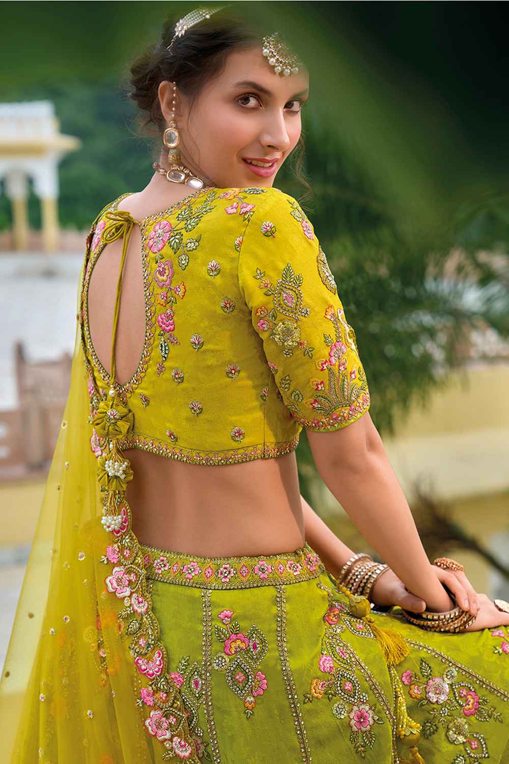 Green Embroidered Silk Lehenga Set