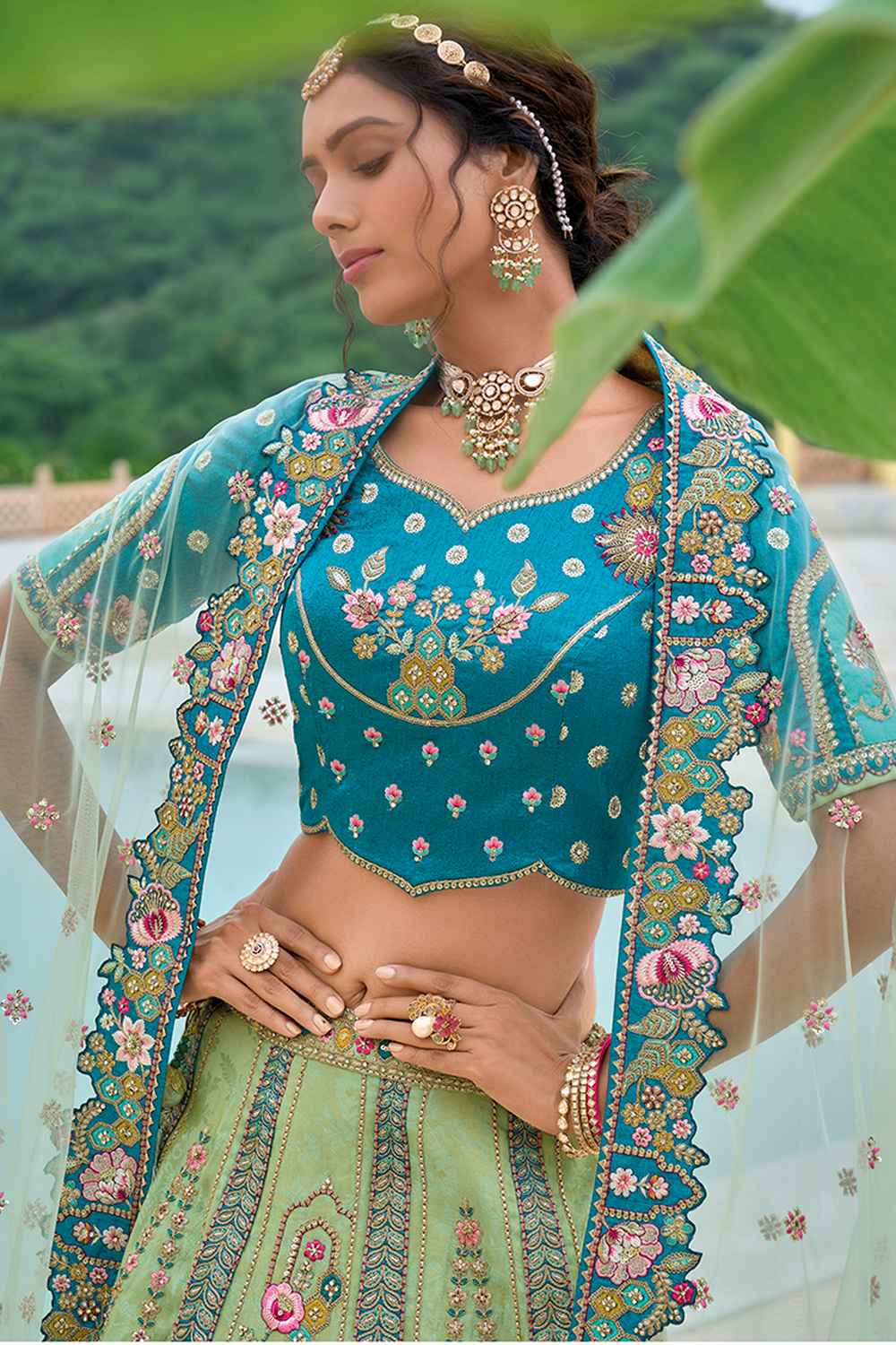 Green Embroidered Silk Lehenga Set