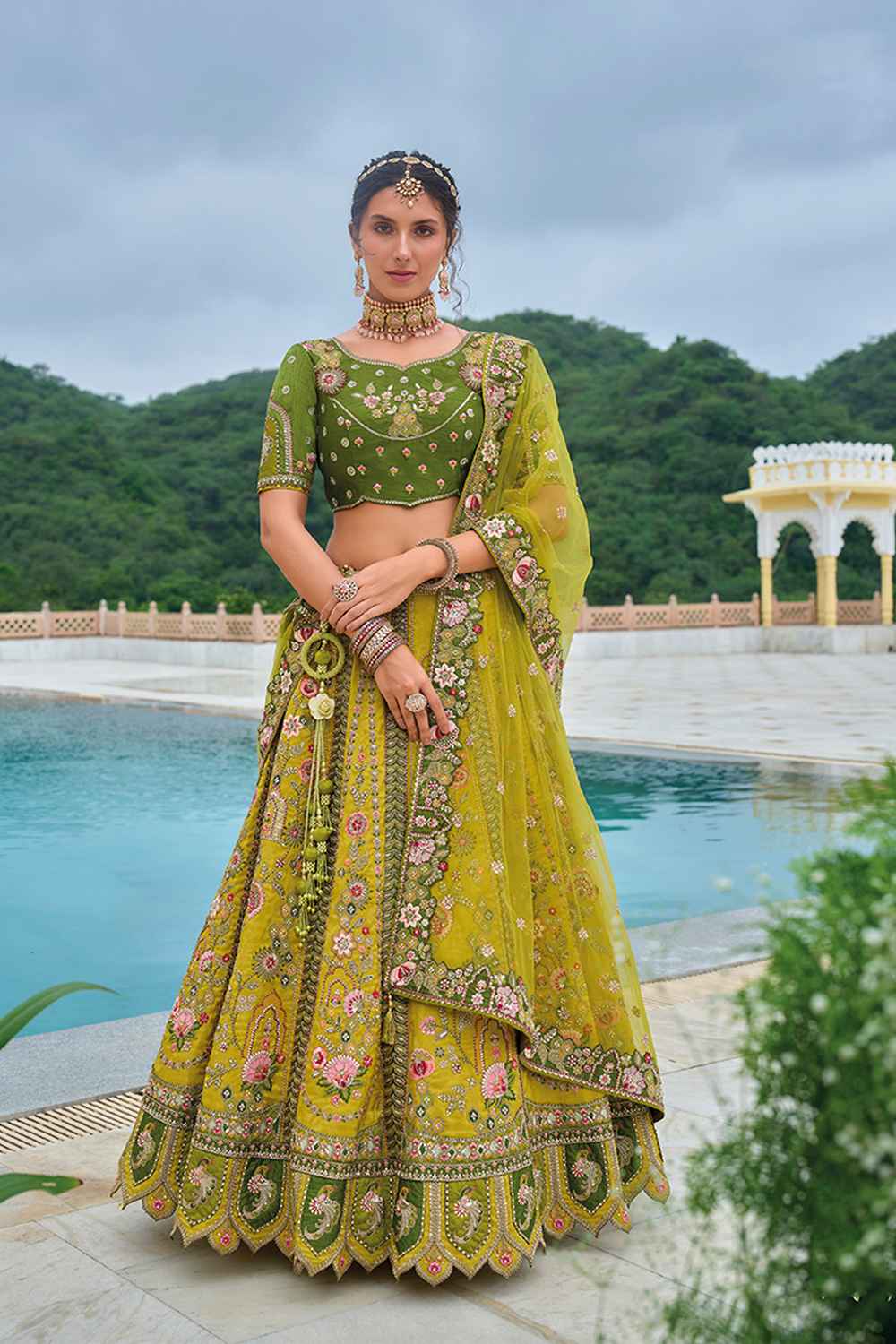 Green Embroidered Silk Lehenga Set