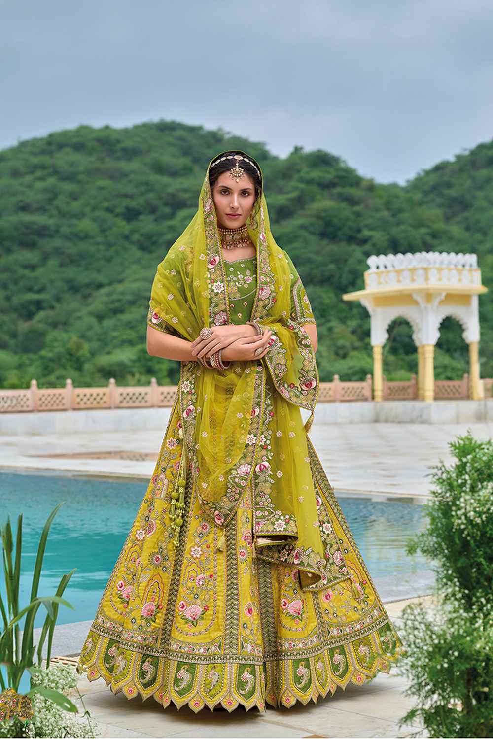 Green Embroidered Silk Lehenga Set