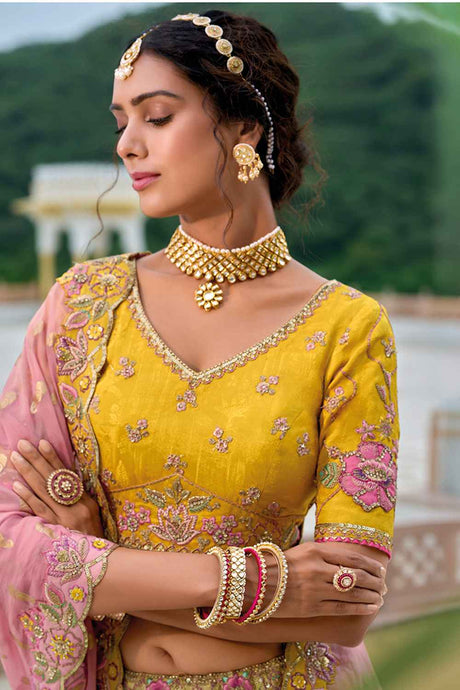 Yellow Embroidered Silk Lehenga Set