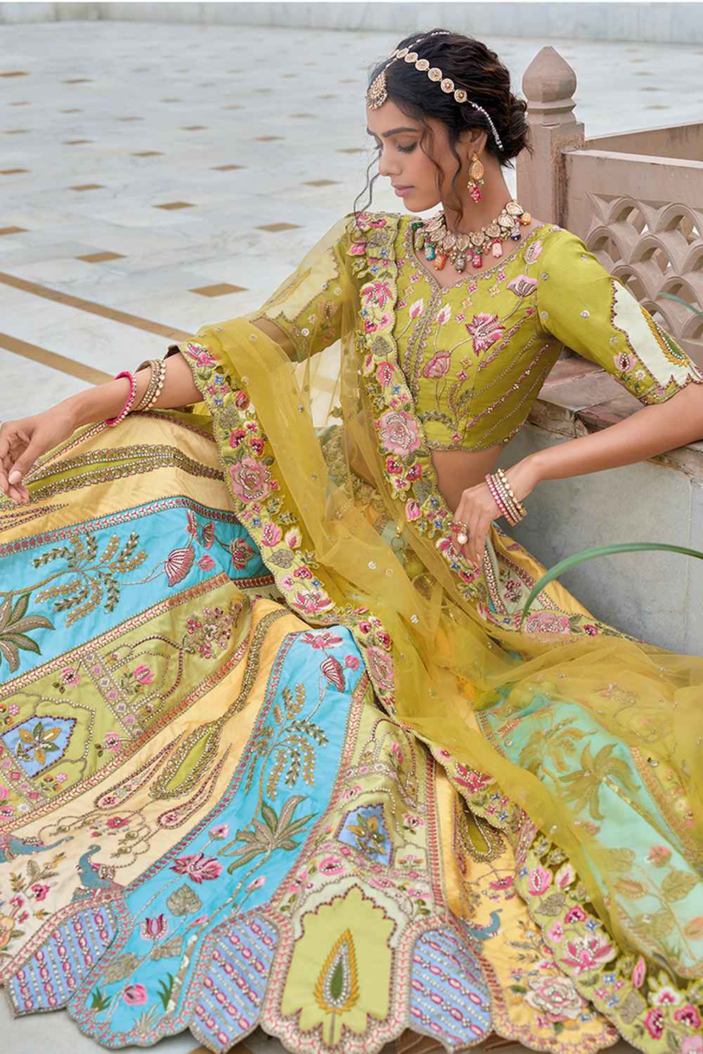 Multi-Color Embroidered Silk Lehenga Set