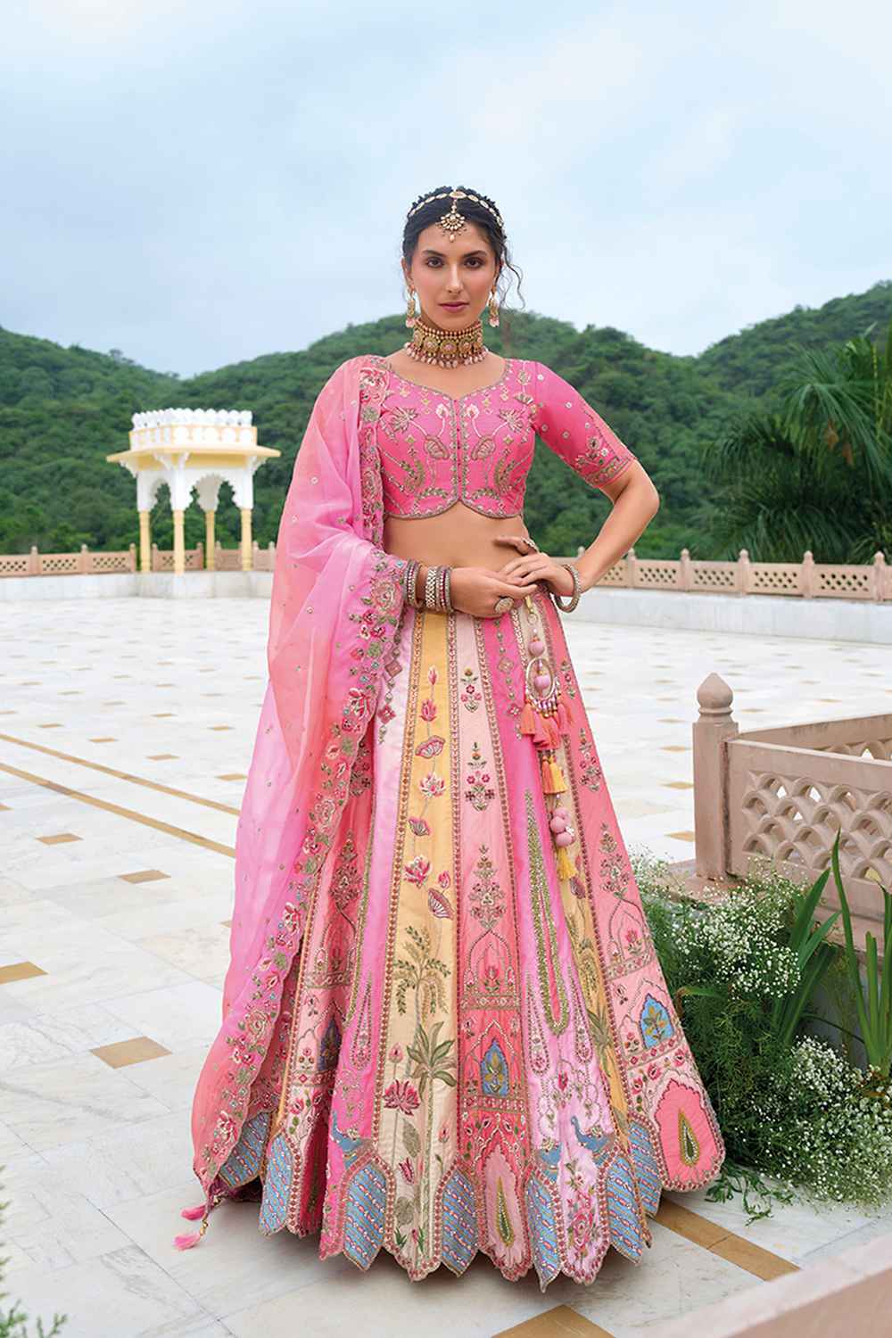 Pink Embroidered Silk Lehenga Set