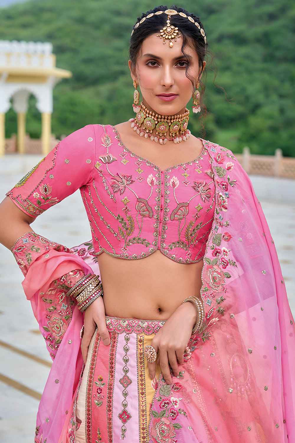 Pink Embroidered Silk Lehenga Set