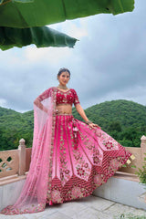 Pink Embroidered Silk Lehenga Set