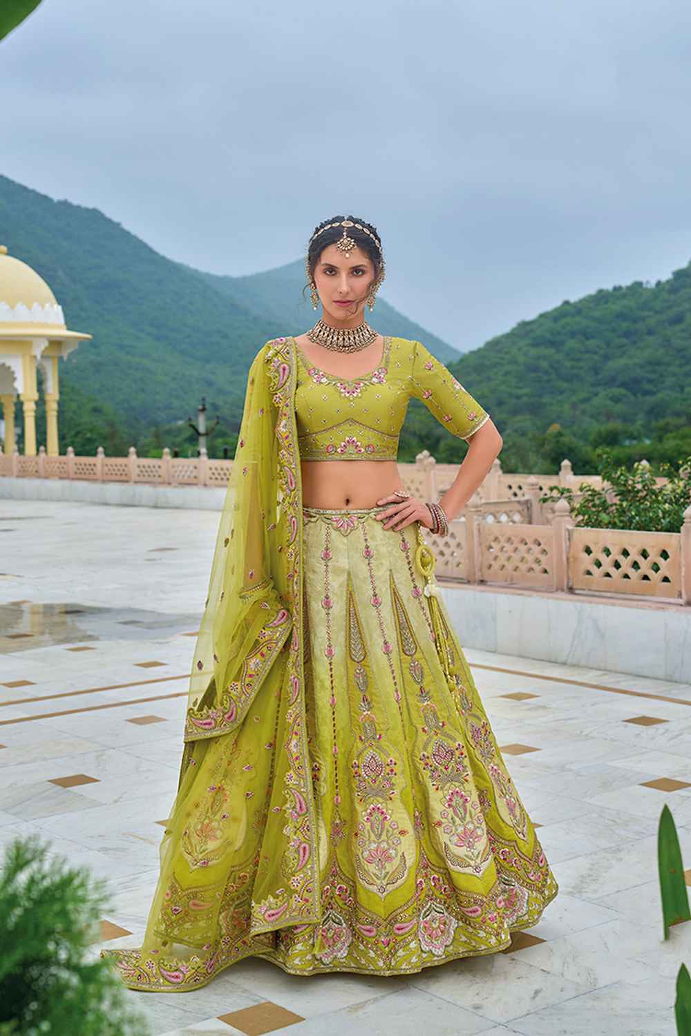 Green Embroidered Silk Lehenga Set