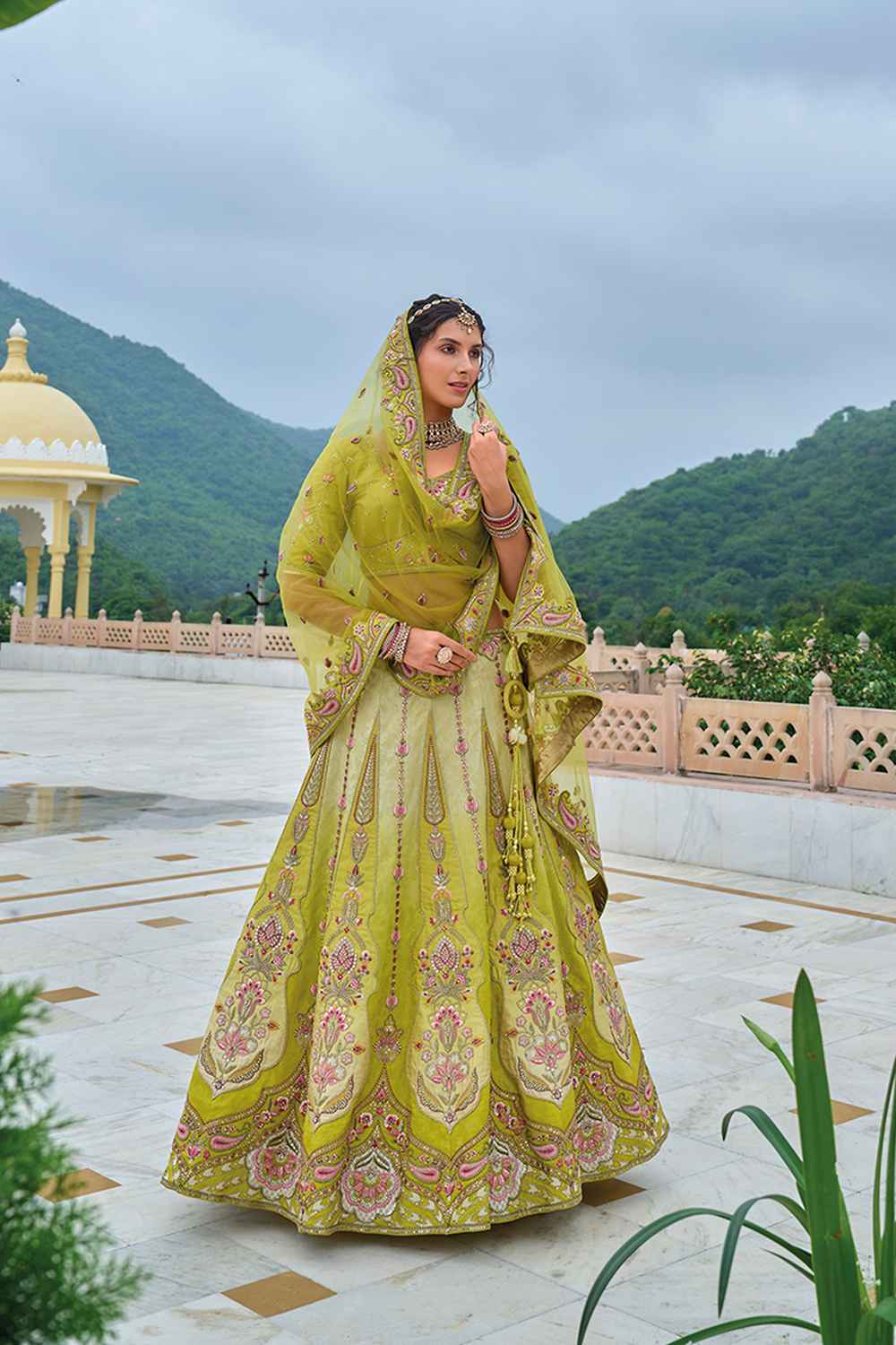 Green Embroidered Silk Lehenga Set