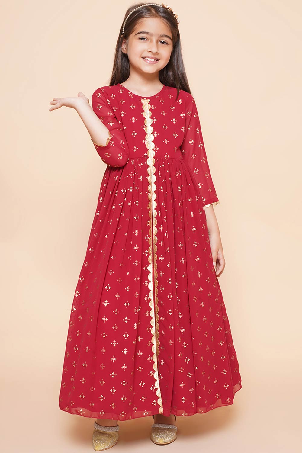 Maroon Georgette Printed Flared Round Neck Dresses