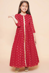 Maroon Georgette Printed Flared Round Neck Dresses