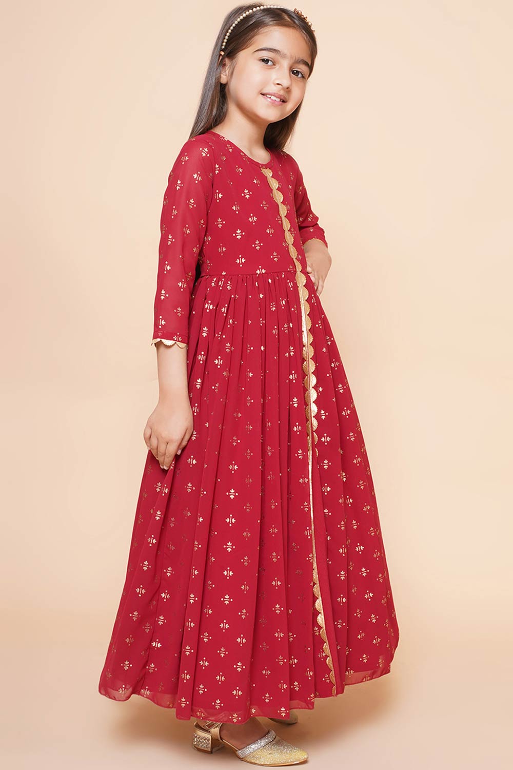 Maroon Georgette Printed Flared Round Neck Dresses