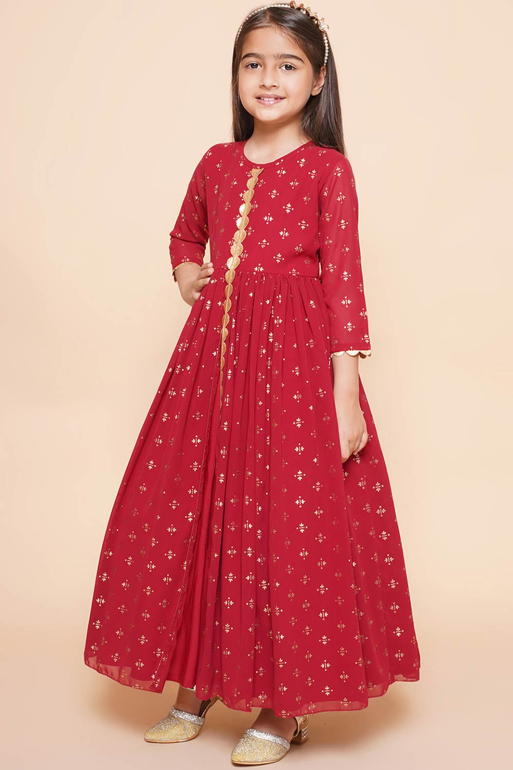 Maroon Georgette Printed Flared Round Neck Dresses