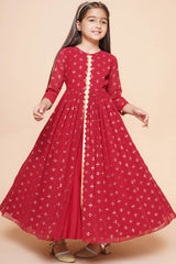 Maroon Georgette Printed Flared Round Neck Dresses