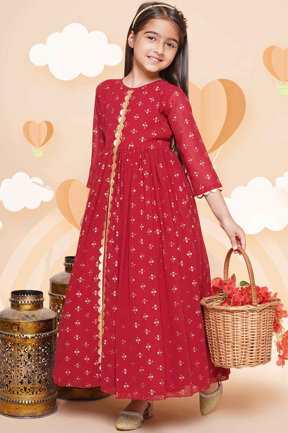 Maroon Georgette Printed Flared Round Neck Dresses