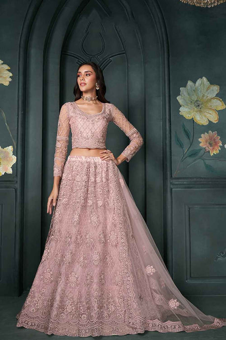 Pink Embroidered Net Lehenga Set