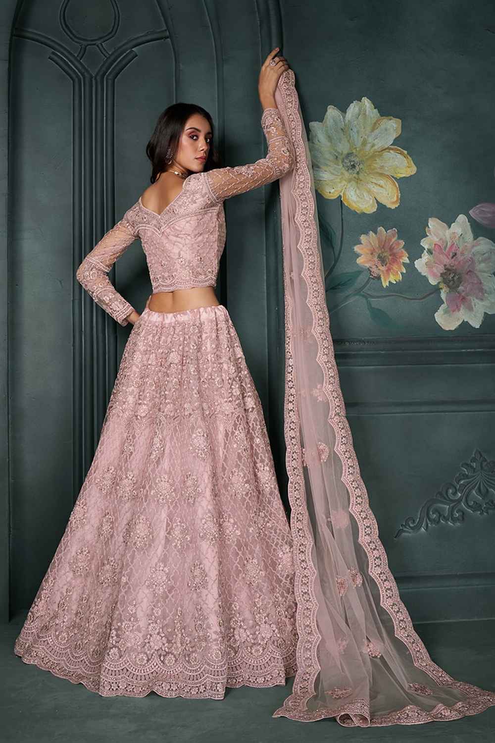 Pink Embroidered Net Lehenga Set