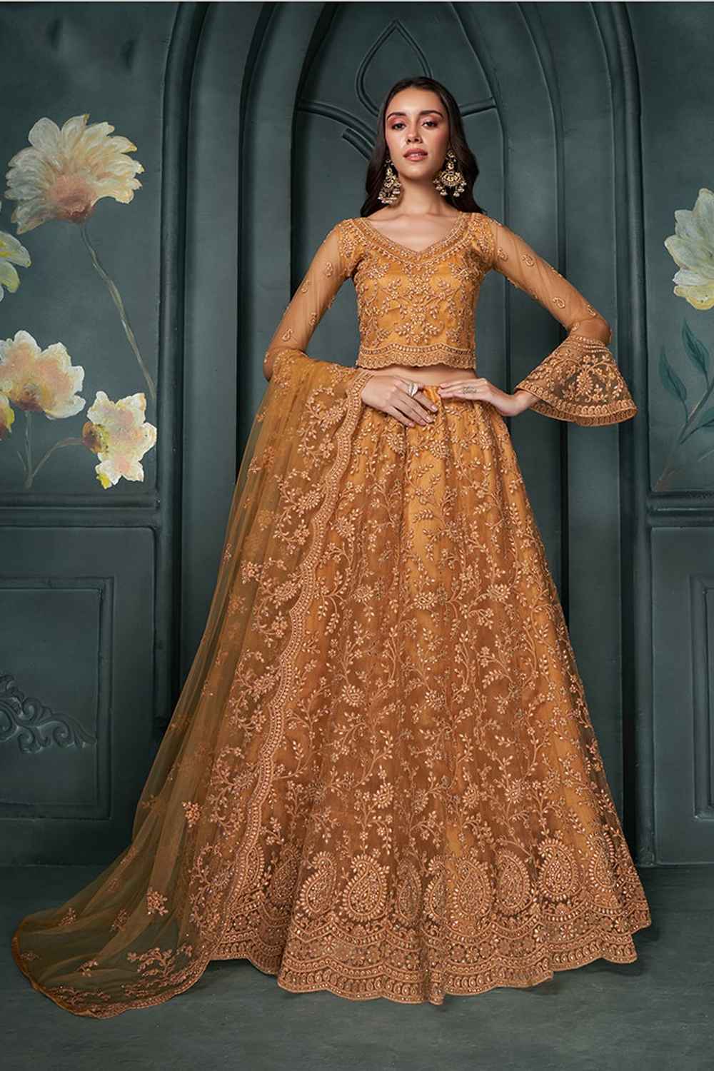 Orange Embroidered Net Lehenga Set