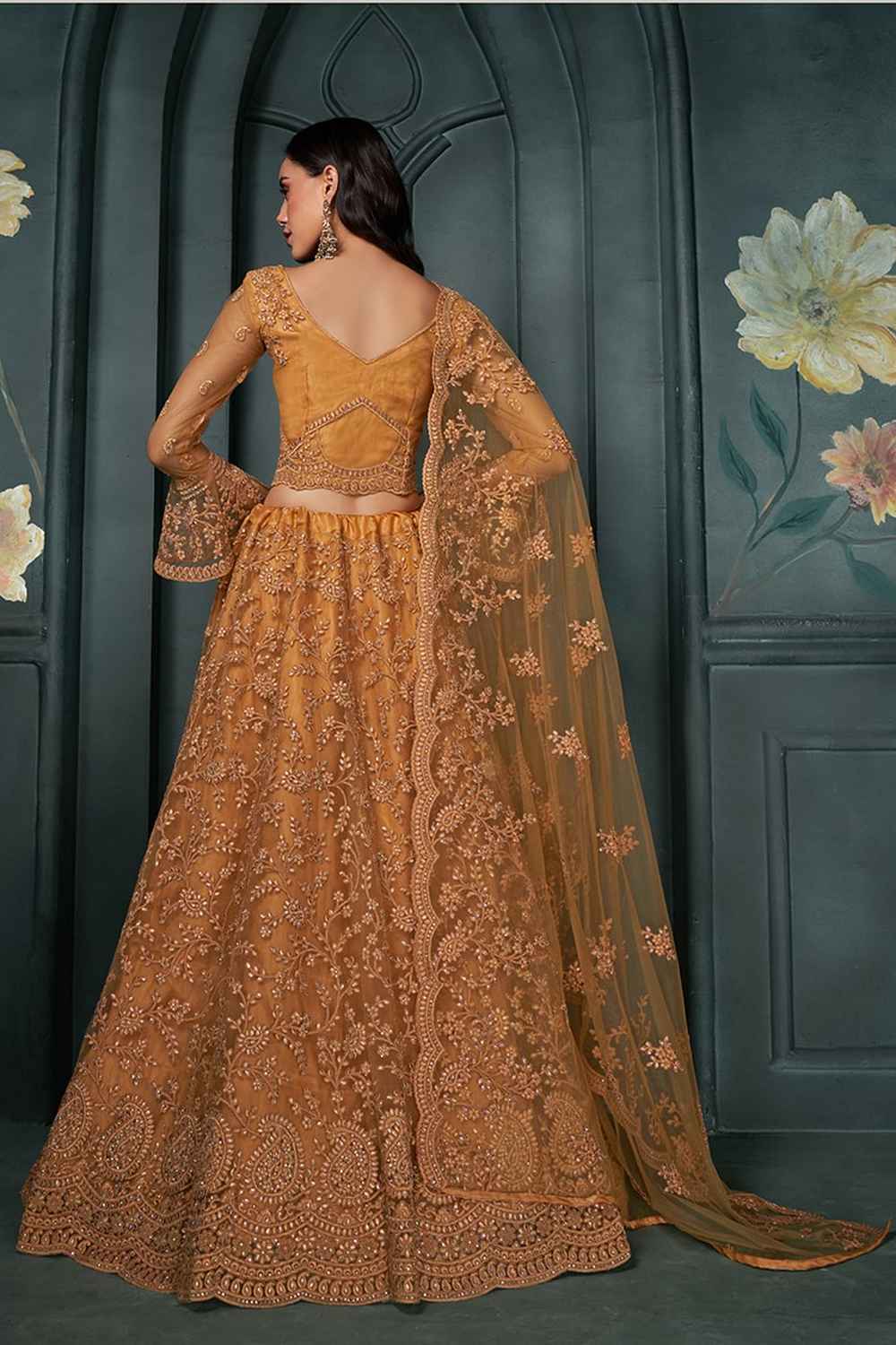 Orange Embroidered Net Lehenga Set