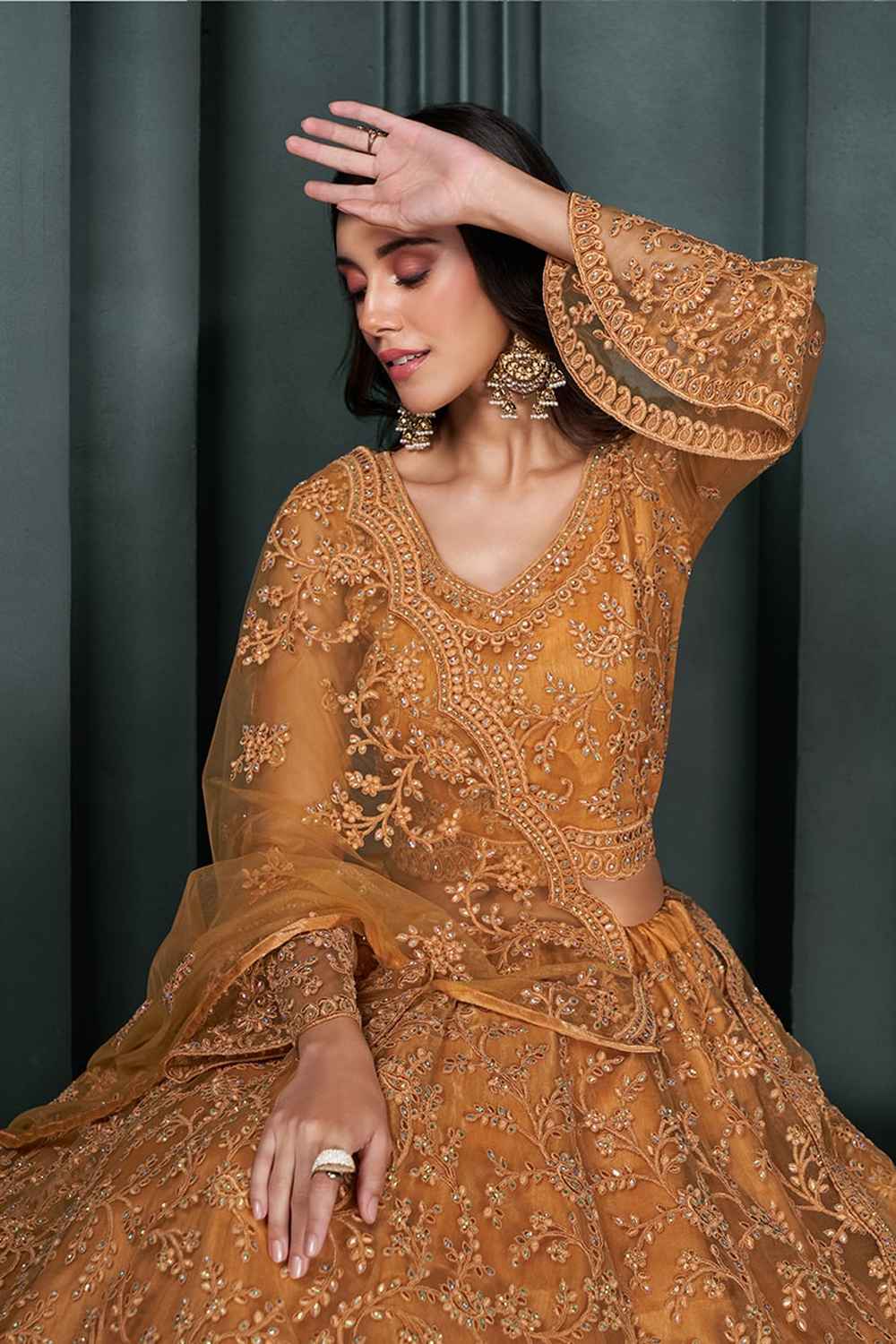 Orange Embroidered Net Lehenga Set