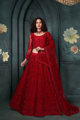 Red Embroidered Net Lehenga Set