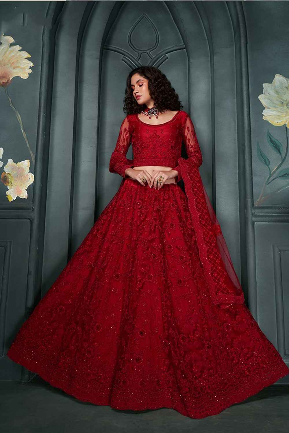 Red Embroidered Net Lehenga Set