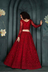 Red Embroidered Net Lehenga Set