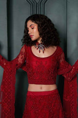 Red Embroidered Net Lehenga Set