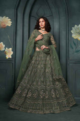 Green Embroidered Net Lehenga Set