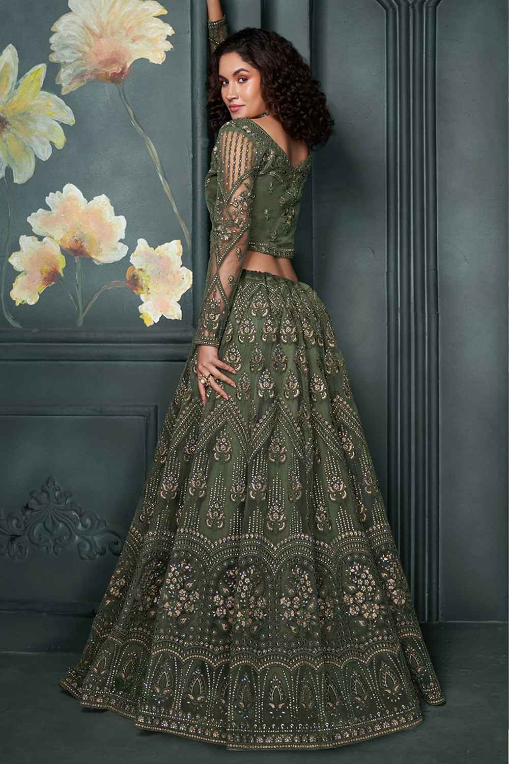 Green Embroidered Net Lehenga Set