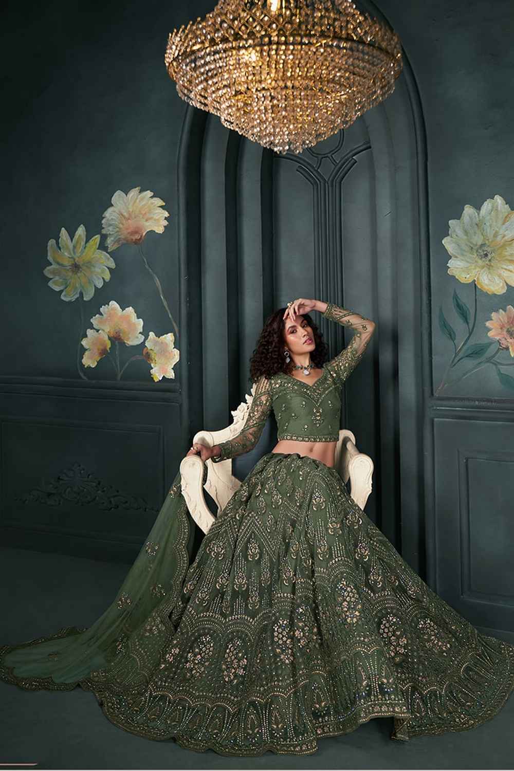 Green Embroidered Net Lehenga Set