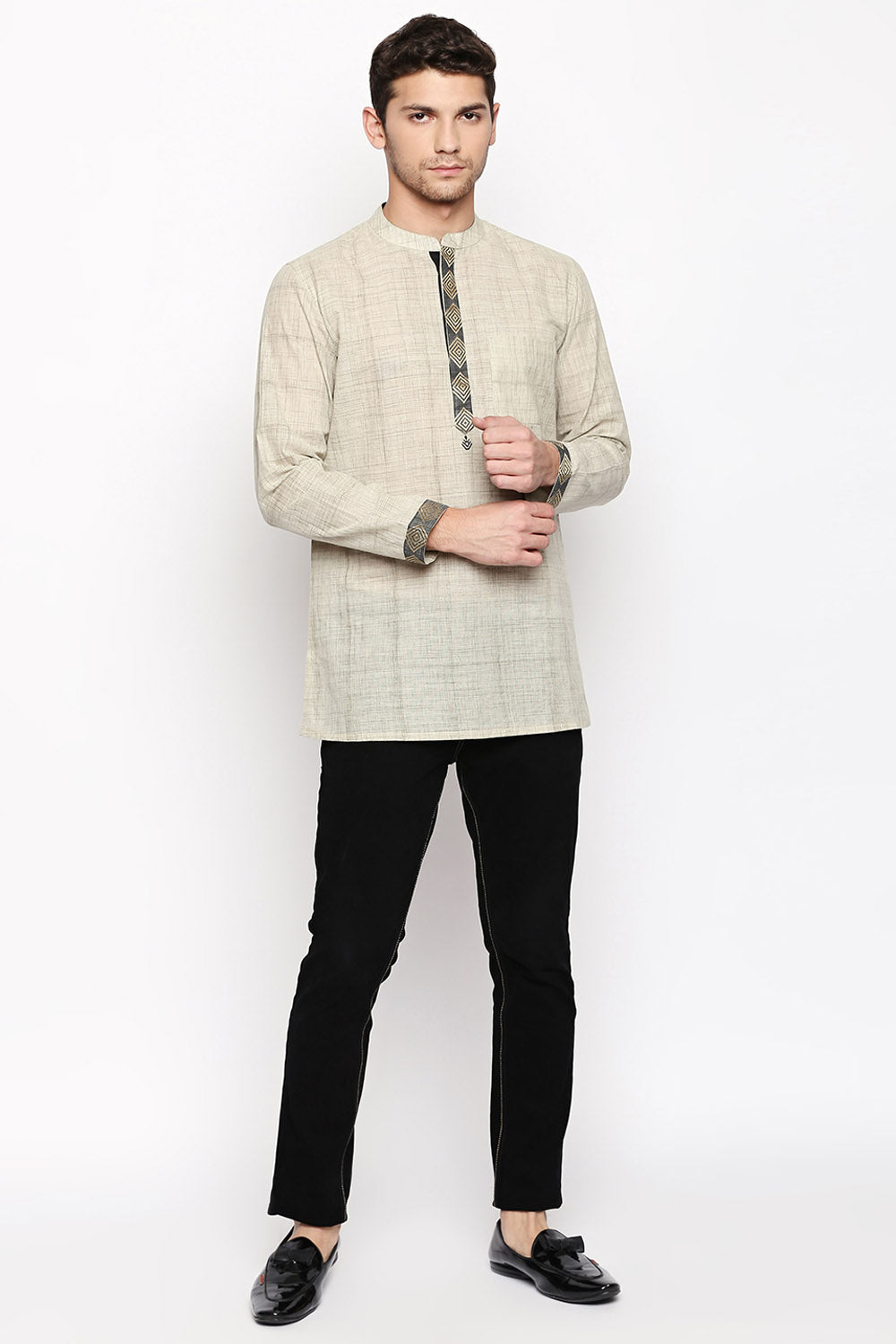 Men's Blended Cotton Short Kurta Top In Beige