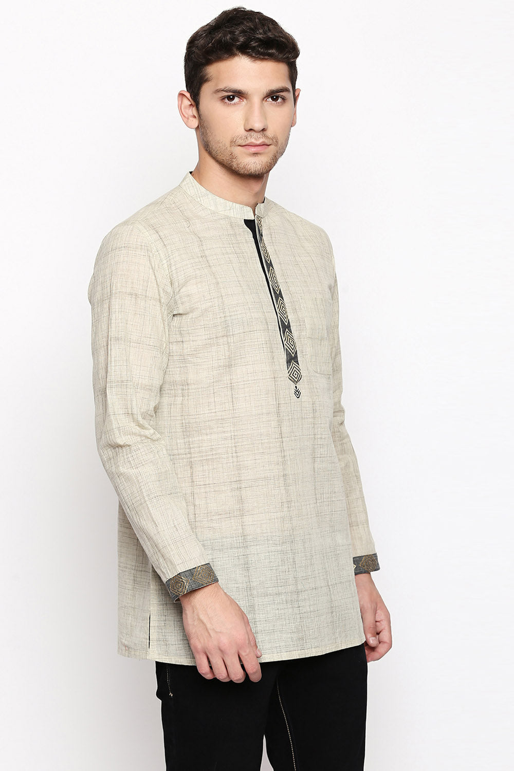 Men's Blended Cotton Short Kurta Top In Beige