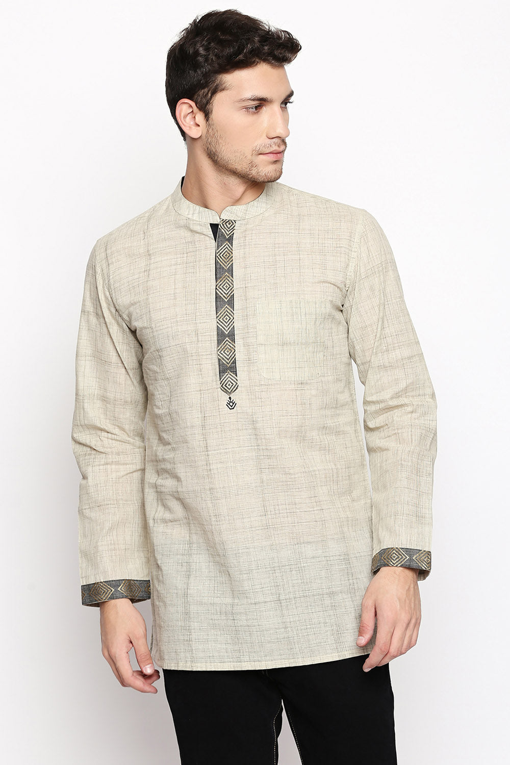 Men's Blended Cotton Short Kurta Top In Beige