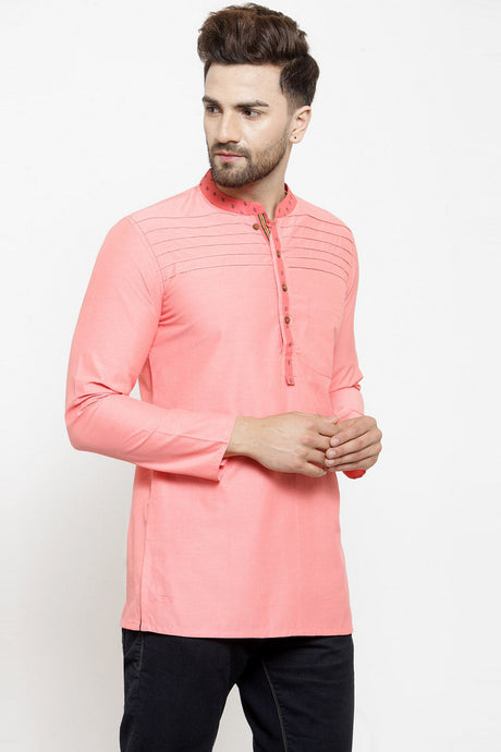 Men's Blended Cotton Short Kurta Top In Peach