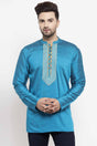 Buy Men's Cotton Art Silk Embroidery Short Kurta In Blue